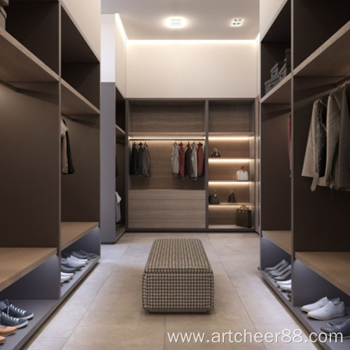 open wardrobe with wooden closet in bedroom